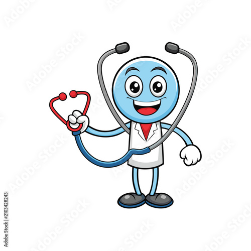 Cheerful doctor character holding metal stethoscope now.