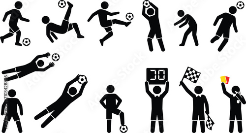 Foto Soccer Football Stick Figure Silhouette Icon Set with Players Kicking, Goalkeepe