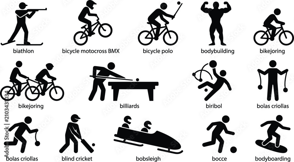 Obraz premium Sports and Athletic Activities Stick Figure Icon Set Starting with Letter B Including Biathlon, BMX, Billiards, Bobsleigh, and Bodybuilding Vector