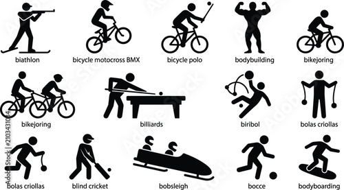 Bild auf Leinwand Sports and Athletic Activities Stick Figure Icon Set Starting with Letter B Incl