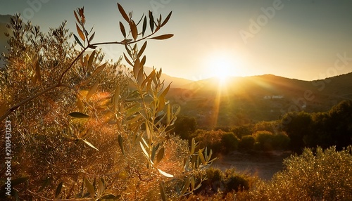 golden hour sunlight illuminating olive tree leaves in serene nature scene