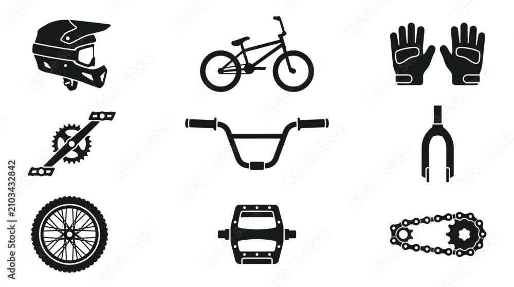 Obraz premium Black silhouette BMX and mountain bike equipment icons set.