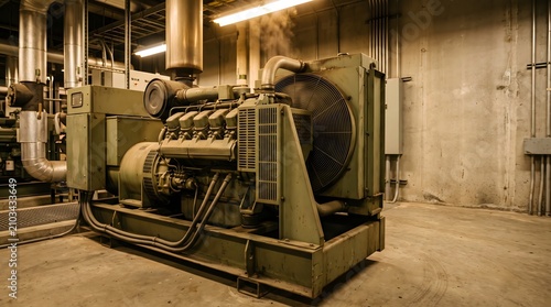 Industrial generator inside a building, power generation and machinery macro close-up, industrial concept, copy space