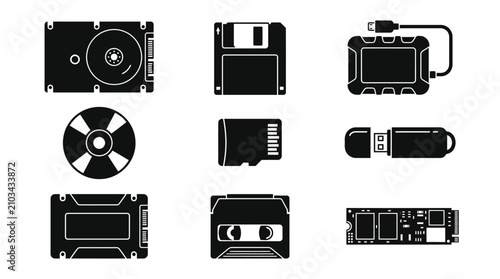 Data storage device silhouette icons set on white background