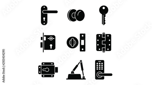 Door locks handles and security hardware icons.