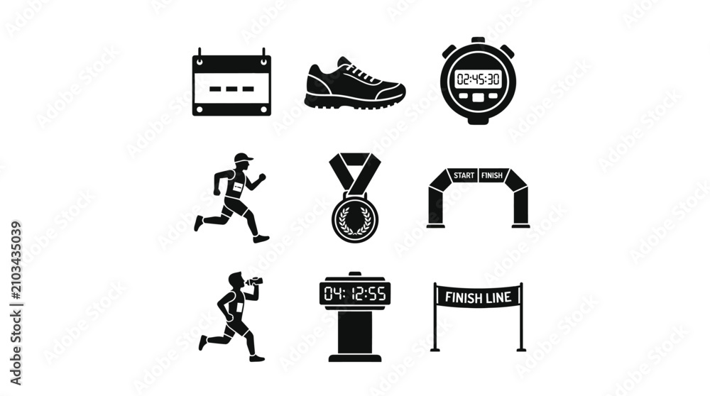 Fototapeta premium Marathon and track race competition black icon set.