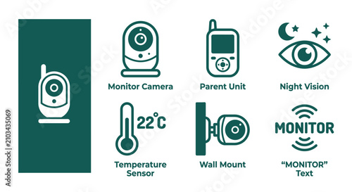 Minimalist Dark Teal Baby Monitor Icon Set Featuring Camera, Parent Unit, Night Vision, Temperature Sensor, and Wall Mount Vectors on White Background for Nursery Technology.