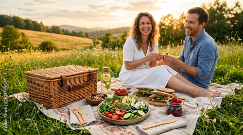 Happy Couple Enjoying a Romantic Picnic at Sunset in a Grassy Meadow