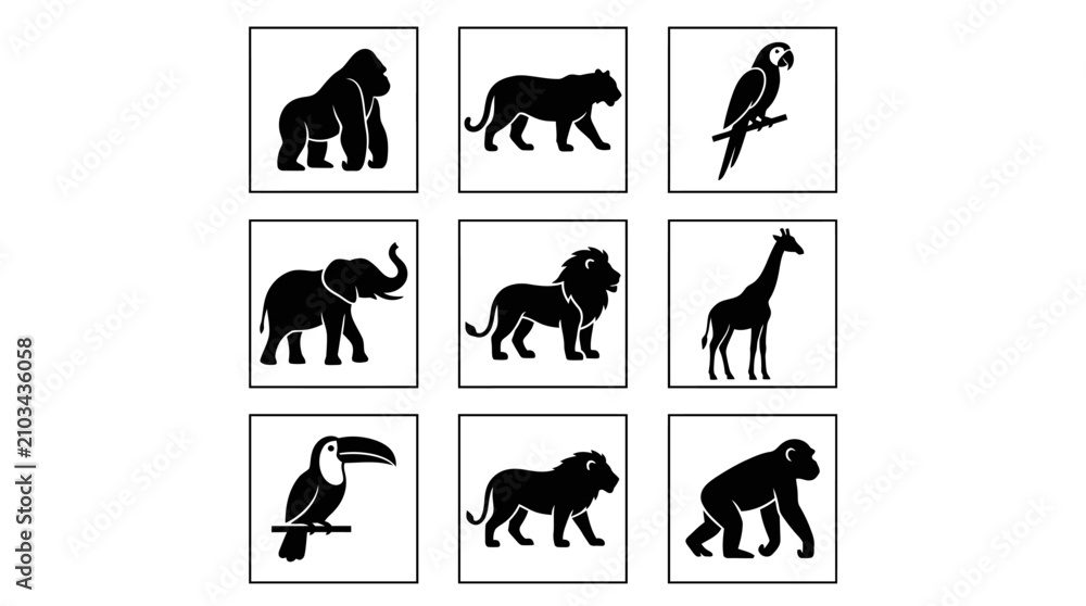 Obraz premium Wild zoo and jungle animal silhouettes in frames.