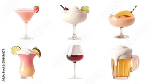 Cute cocktail drink icon set with pink strawberry martini coconut daiquiri peach spritz tropical hurricane red wine and beer mug isolated on transparent background for bar menu design