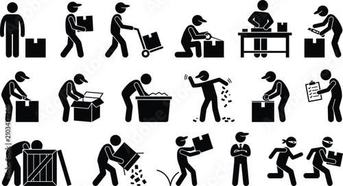 Quadro su tela Warehouse Logistics and Package Delivery Stick Figure Icon Set with Unboxing, Pa