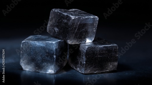 Glimmering Black Crystals Stacked on a Dark Surface with Reflection