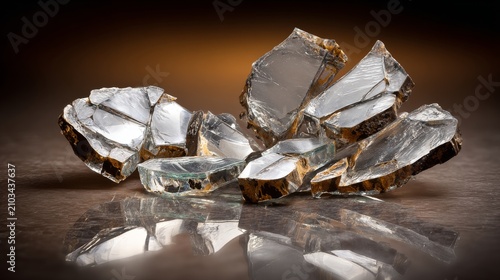 Glimmering Crystals with Sharp Edges on Glossy Surface Background