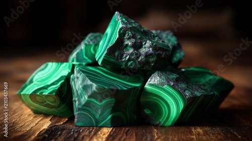 Glimmering Green Malachite Stones on Rustic Wooden Surface