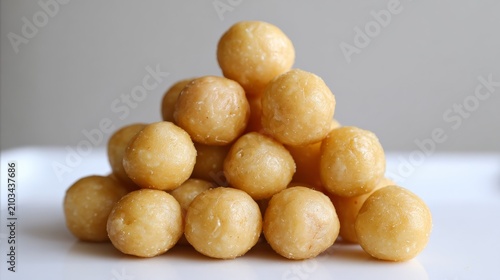 Golden Sweet Balls Stacked in a Pyramid Shape on White Plate