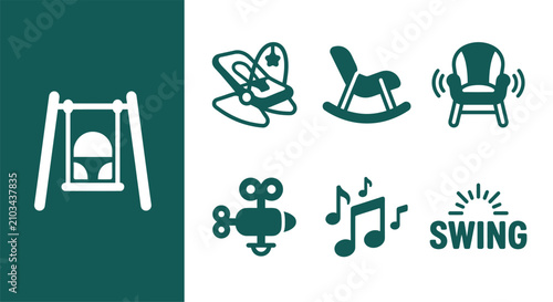 Bild auf Leinwand Minimalist monochrome dark teal baby swing icon set featuring flat vector designs of a bouncer, rocker, vibrating chair, wind-up toy, music notes, and SWING text on white