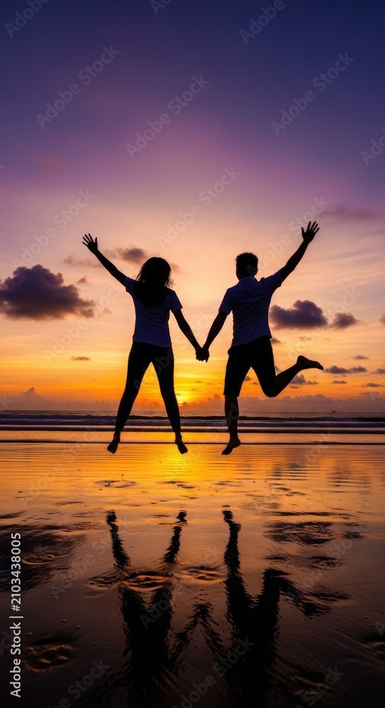 Fototapeta premium Silhouettes of a happy couple jumping on a beach at sunset holding hands.