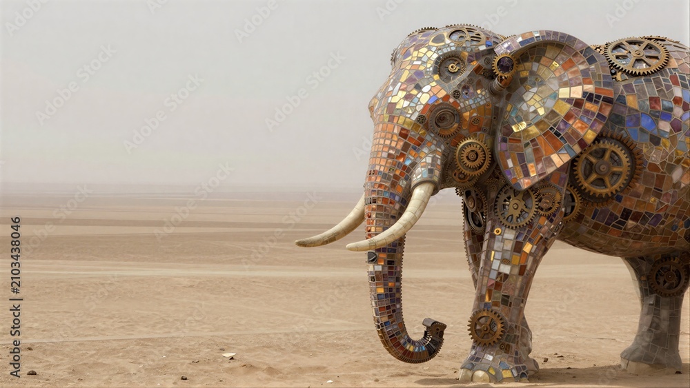 Obraz premium Mosaic elephant with gears stands in vast, dusty desert landscape under hazy sky.