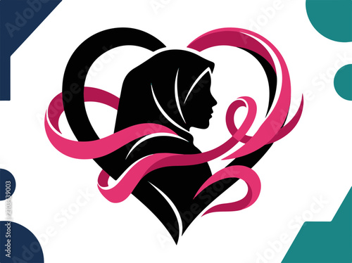 фотографія Hijab Woman Silhouette with Pink Ribbon Heart for Breast Cancer Awareness Suppor