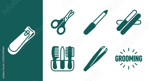 Konstfotografi Minimalist baby grooming icon set in dark teal and white featuring nail clippers, safety scissors, nail file, emery board, tweezers, and hair care tools for infant hygiene maintenance