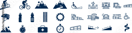 Comprehensive Collection of Cycling, Mountain Biking, Outdoor Adventure, and Accessibility Ramp Infrastructure Icons