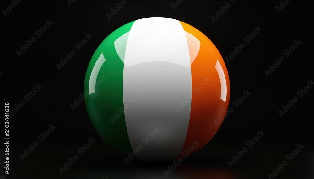 Obraz premium Glossy sphere features Irish flag colors green white orange against dark black background. Round three dimensional ball symbol represents Republic of Ireland national identity patriotism sovereignty.