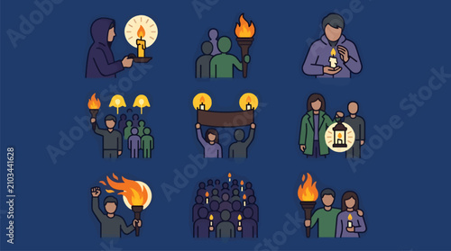 Fotografie Flat Design People Holding Candles and Torches in Protest or Vigil, Diverse Grou