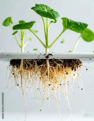 Young green seedlings with exposed roots growing in hydroponic system, agricultural technology, sustainable farming, biology research