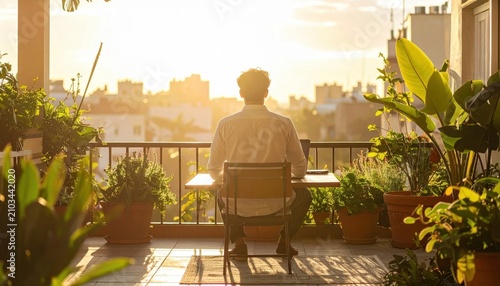 Young man working on laptop from home balcony during warm sunset hour, remote work lifestyle, professional freedom, peaceful urban living