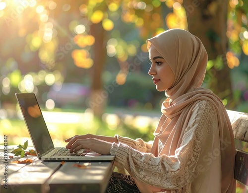 Young woman in hijab using a laptop in a sunlit park for remote work, digital nomad, online education, communication