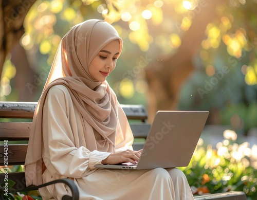 Young woman in hijab using a laptop on a park bench outdoors, remote working, digital lifestyle, education, e-learning, career