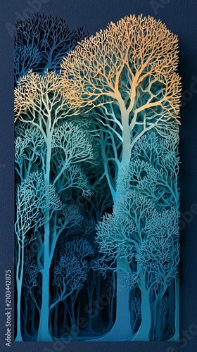 Artistic forest scene with layered tree silhouettes