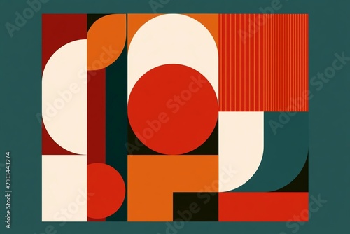 Abstract geometric design with bold red, orange, and cream shapes