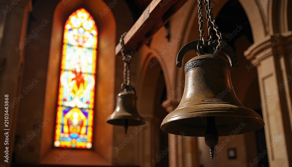 Obraz premium Antique bronze church bell hangs on wooden beam inside old cathedral. Colorful stained glass window glows with bright sunlight in background. Religious metal instrument symbol of Christian faith