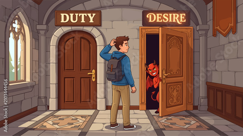 Foto Young Man Pondering Choice Between Duty and Desire, Devil Peeking from Tempting