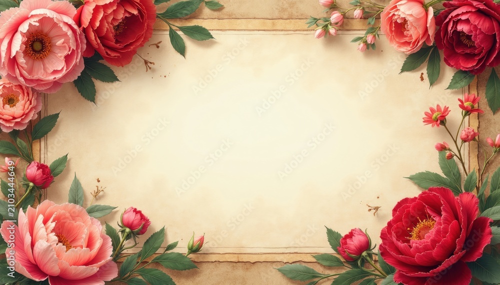 Fototapeta premium Decorative floral frame made of pink, red flowers with green leaves on aged paper texture. Artistic botanical border surrounds center empty space. Romantic background design template for wedding