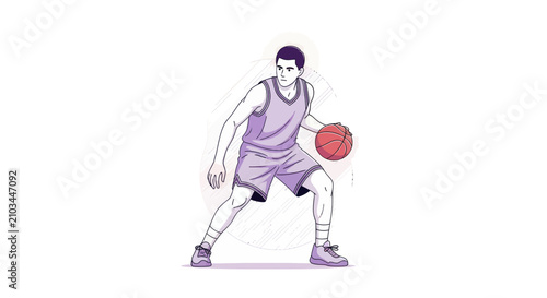 Фотография Male basketball player dribbling a red ball, in a purple uniform