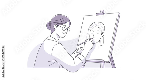 Fotografía A woman wearing glasses and her hair in a bun draws a portrait