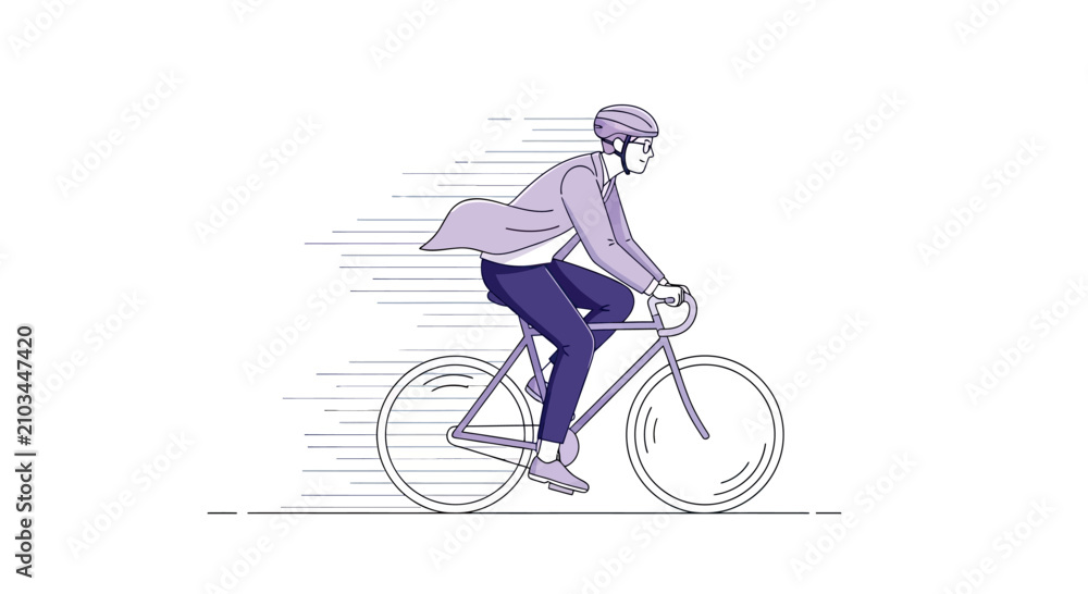 Fototapeta premium Person in helmet cycling fast with motion lines and purple attire