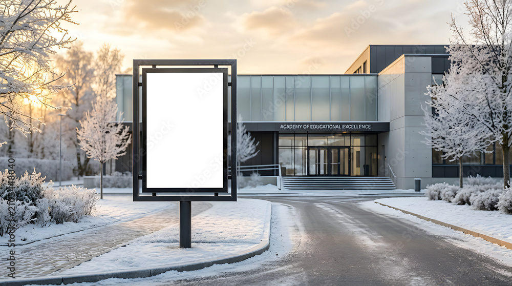 Naklejka premium Blank Billboard Mockup in Front of Modern Office Building in Winter