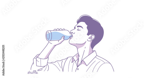 Photography Line art of a young man drinking from a clear bottle filled with blue water