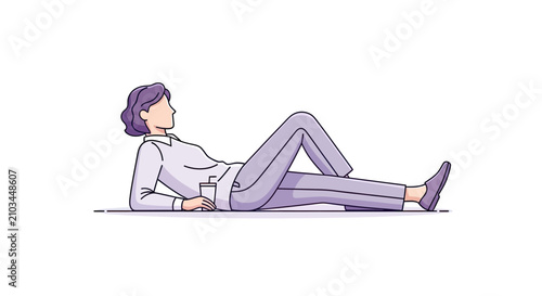 Fotografía Person in light purple suit reclines with a beverage, gazing upwards