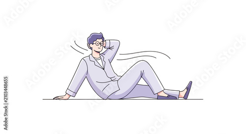 Tableau sur toile A person in pajamas relaxes by lying on their back, hand behind head