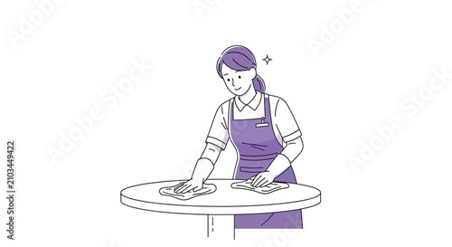 Canvastavla Person in apron and gloves cleaning table with cloths