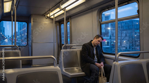 Exhausted Office Worker on Morning Train Car During the Daily Commute