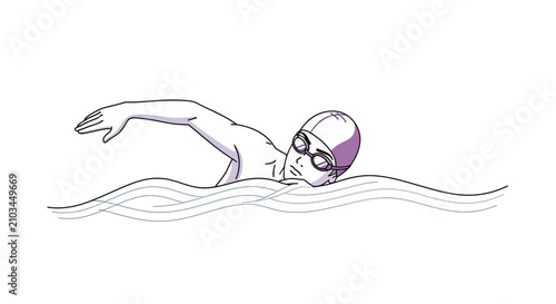 Foto A swimmer with goggles and cap in purple, propelling through wavy water