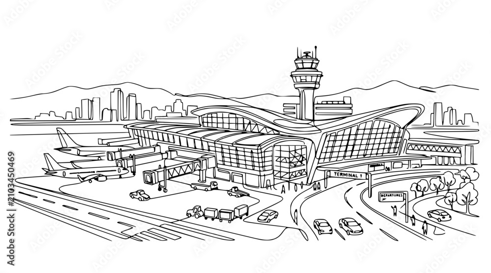 Obraz premium Airport Terminal Line Art Sketch with Control Tower and City Skyline