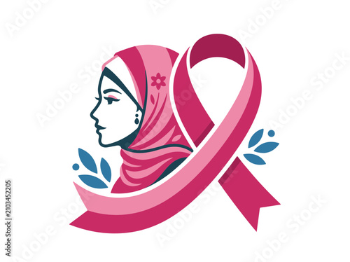 Принти на полотні Empowering Muslim Woman in a Hijab with Pink Ribbon for Breast Cancer Awareness