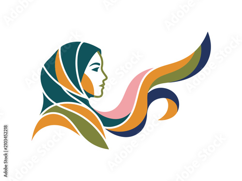 Obraz na plátně Hijab Abstract Vector Illustration of Woman in Modern Colorful Headscarf Symboli