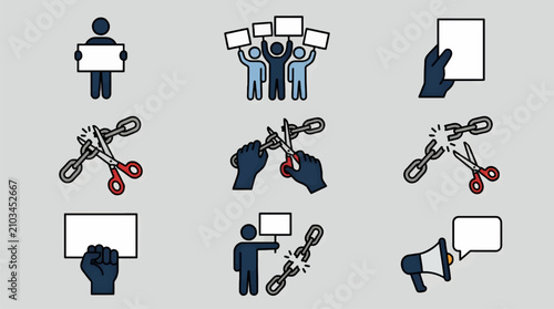 Flat Design Icons Representing Protest Against Censorship, Freedom of Speech, and Breaking Chains, with Megaphone and Blank Signs